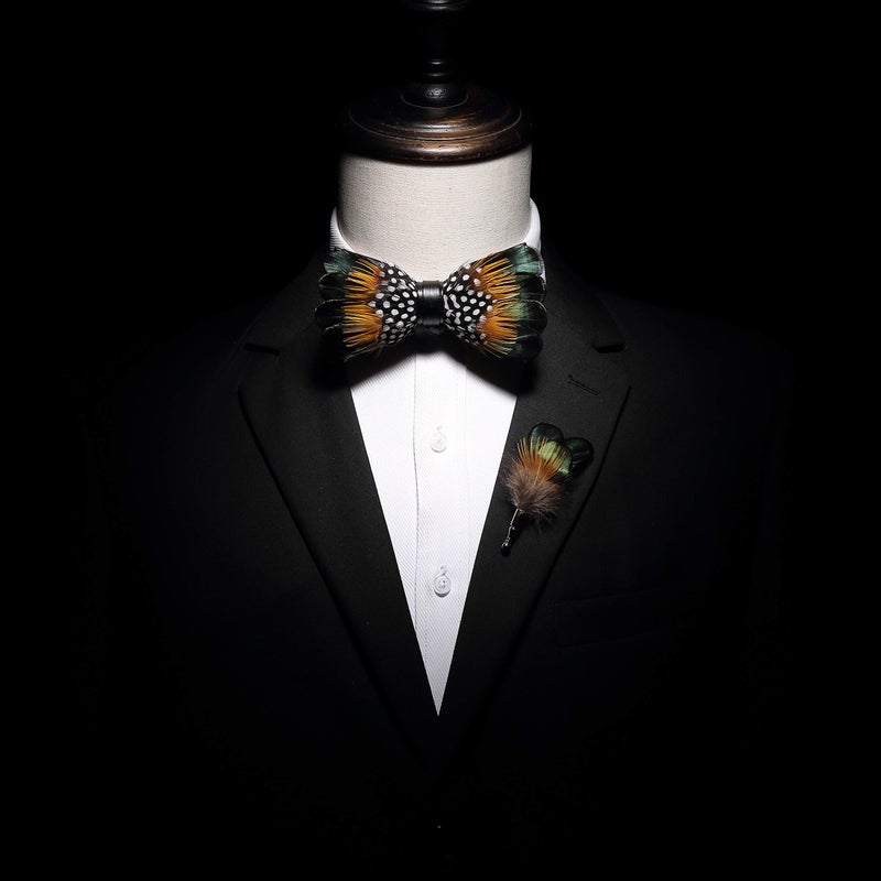RBOCOTT Handmade Feather Pre-tied Bow tie and Brooch Sets for Men (green/yellow/white) - Image 2